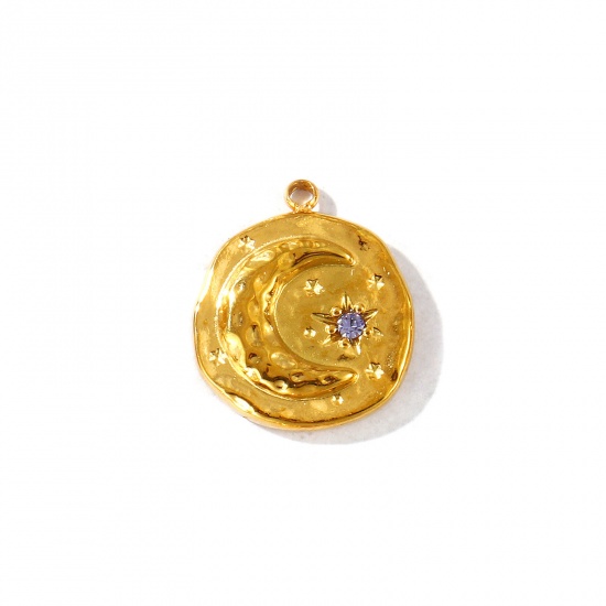 Imagen de 2 Unidades PVD Ecológico Impermeable Antioxidante Hipoalergénico 304 Acero Inoxidable Piedra De Nacimiento Junio Colgantes Al Por Mayor 18K Oro Real Chapado Ronda Luna Púrpura Claro Circón Artificial 17mm x 15mm