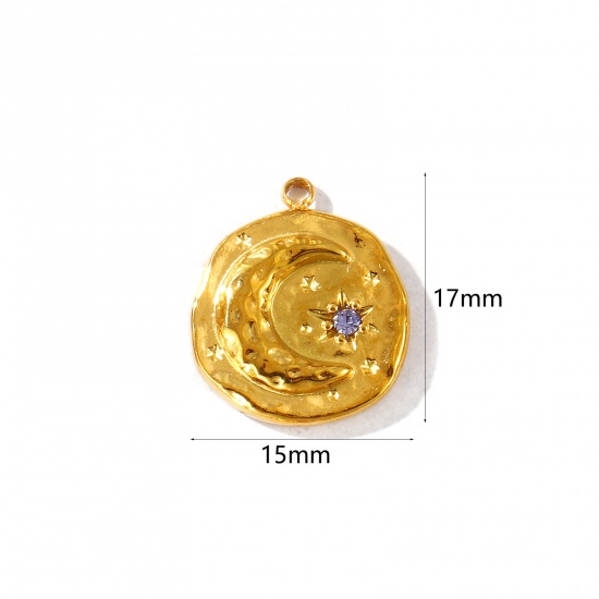 Imagen de 2 Unidades PVD Ecológico Impermeable Antioxidante Hipoalergénico 304 Acero Inoxidable Piedra De Nacimiento Junio Colgantes Al Por Mayor 18K Oro Real Chapado Ronda Luna Púrpura Claro Circón Artificial 17mm x 15mm