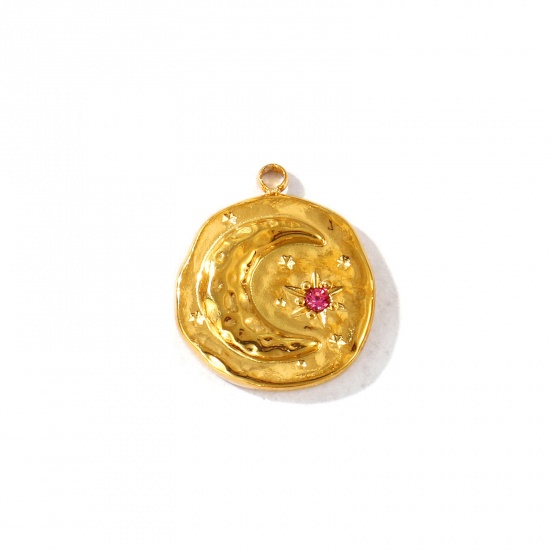 Imagen de 2 Unidades PVD Ecológico Impermeable Antioxidante Hipoalergénico 304 Acero Inoxidable Piedra De Nacimiento Julio Colgantes Al Por Mayor 18K Oro Real Chapado Ronda Luna Rojo Ciruela Circón Artificial 17mm x 15mm