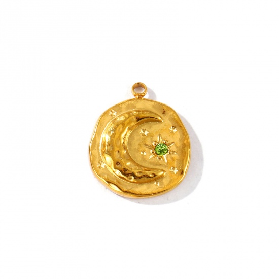 Imagen de 2 Unidades PVD Ecológico Impermeable Antioxidante Hipoalergénico 304 Acero Inoxidable Piedra De Nacimiento Agosto Colgantes Al Por Mayor 18K Oro Real Chapado Ronda Luna Verde Olivo Circón Artificial 17mm x 15mm