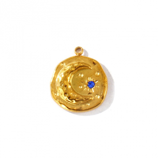 Imagen de 2 Unidades PVD Ecológico Impermeable Antioxidante Hipoalergénico 304 Acero Inoxidable Piedra De Nacimiento Septiembre Colgantes Al Por Mayor 18K Oro Real Chapado Ronda Luna Azul Marino Circón Artificial 17mm x 15mm