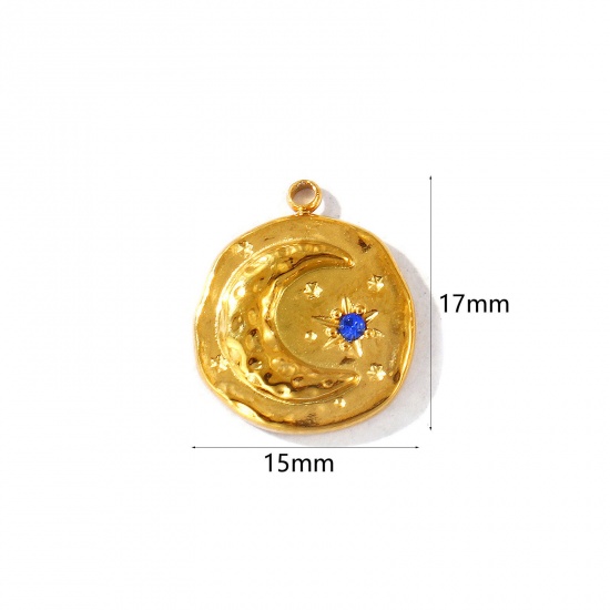 Imagen de 2 Unidades PVD Ecológico Impermeable Antioxidante Hipoalergénico 304 Acero Inoxidable Piedra De Nacimiento Septiembre Colgantes Al Por Mayor 18K Oro Real Chapado Ronda Luna Azul Marino Circón Artificial 17mm x 15mm