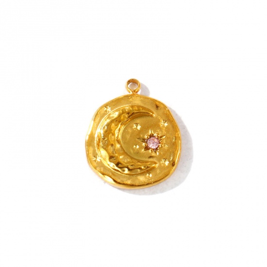 Imagen de 2 Unidades PVD Ecológico Impermeable Antioxidante Hipoalergénico 304 Acero Inoxidable Piedra De Nacimiento Octubre Colgantes Al Por Mayor 18K Oro Real Chapado Ronda Luna Rosado Circón Artificial 17mm x 15mm