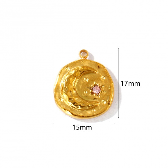 Imagen de 2 Unidades PVD Ecológico Impermeable Antioxidante Hipoalergénico 304 Acero Inoxidable Piedra De Nacimiento Octubre Colgantes Al Por Mayor 18K Oro Real Chapado Ronda Luna Rosado Circón Artificial 17mm x 15mm