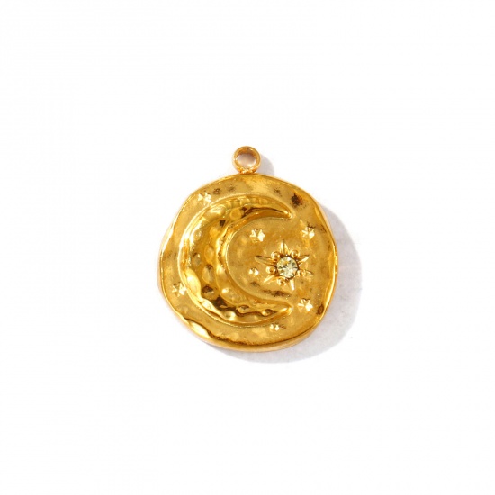 Imagen de 2 Unidades PVD Ecológico Impermeable Antioxidante Hipoalergénico 304 Acero Inoxidable Piedra De Nacimiento Noviembre Colgantes Al Por Mayor 18K Oro Real Chapado Ronda Luna Amarillo Circón Artificial 17mm x 15mm