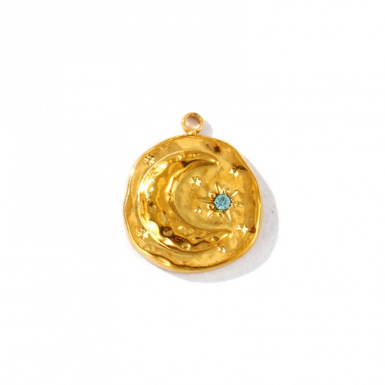 Imagen de 2 Unidades PVD Ecológico Impermeable Antioxidante Hipoalergénico 304 Acero Inoxidable Piedra De Nacimiento Diciembre Colgantes Al Por Mayor 18K Oro Real Chapado Ronda Luna Verde Azul Circón Artificial 17mm x 15mm