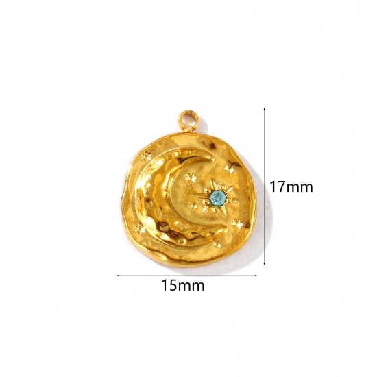 Imagen de 2 Unidades PVD Ecológico Impermeable Antioxidante Hipoalergénico 304 Acero Inoxidable Piedra De Nacimiento Diciembre Colgantes Al Por Mayor 18K Oro Real Chapado Ronda Luna Verde Azul Circón Artificial 17mm x 15mm
