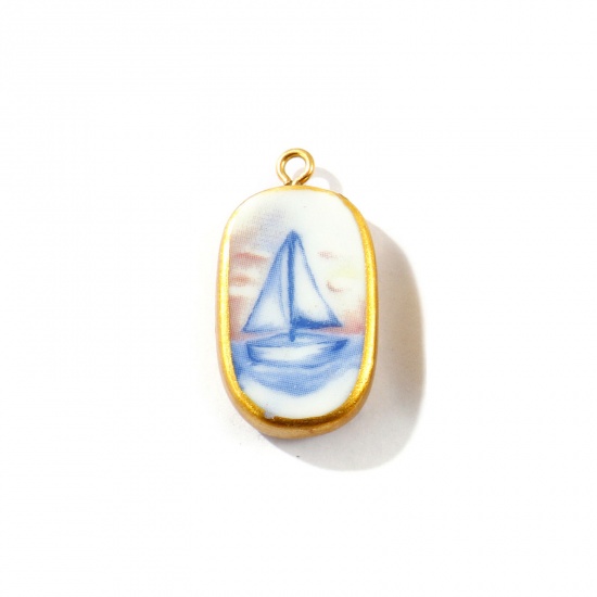 Picture of 2 PCs Eco-friendly PVD Waterproof Anti-Tarnish Hypoallergenic 304 Stainless Steel & Ceramic Pendants Wholesale 18K Real Gold Plated Blue Oval Sailing Boat Printed 3cm x 1.6cm