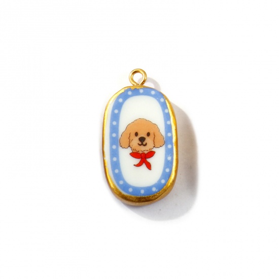 Picture of 2 PCs Eco-friendly PVD Waterproof Anti-Tarnish Hypoallergenic 304 Stainless Steel & Ceramic Pendants Wholesale 18K Real Gold Plated Light Brown Oval Dog Printed 3cm x 1.6cm