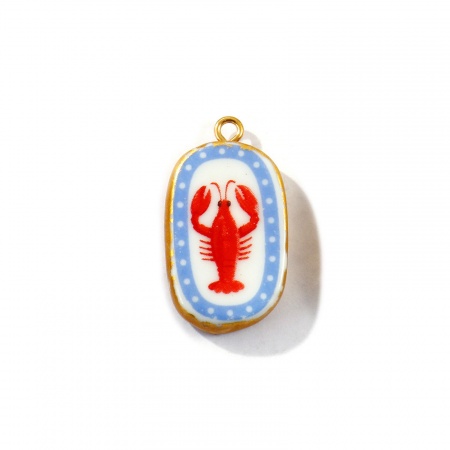 Picture of 2 PCs Eco-friendly PVD Waterproof Anti-Tarnish Hypoallergenic 304 Stainless Steel & Ceramic Ocean Jewelry Pendants Wholesale 18K Real Gold Plated Red Oval Lobster Printed 3cm x 1.6cm