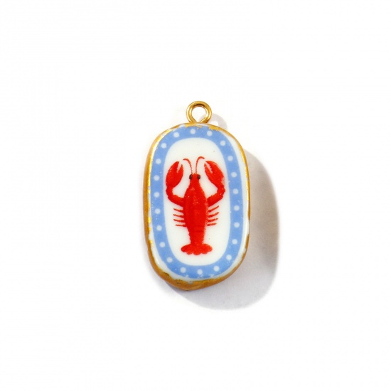 Picture of 2 PCs Eco-friendly PVD Waterproof Anti-Tarnish Hypoallergenic 304 Stainless Steel & Ceramic Ocean Jewelry Pendants Wholesale 18K Real Gold Plated Red Oval Lobster Printed 3cm x 1.6cm