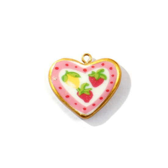 Picture of 2 PCs Eco-friendly PVD Waterproof Anti-Tarnish Hypoallergenic 304 Stainless Steel & Ceramic Valentine's Day Charms Wholesale 18K Real Gold Plated Multicolor Heart Fruit Printed 27mm x 24mm