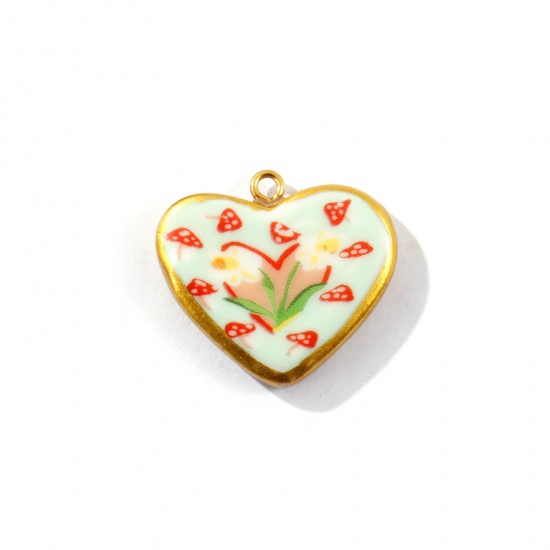 Picture of 2 PCs Eco-friendly PVD Waterproof Anti-Tarnish Hypoallergenic 304 Stainless Steel & Ceramic Valentine's Day Charms Wholesale 18K Real Gold Plated Multicolor Heart Mushroom Printed 27mm x 24mm