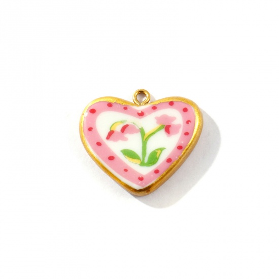 Picture of 2 PCs Eco-friendly PVD Waterproof Anti-Tarnish Hypoallergenic 304 Stainless Steel & Ceramic Valentine's Day Charms Wholesale 18K Real Gold Plated Pink Heart Flower Printed 27mm x 24mm