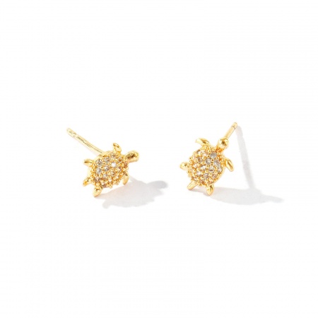 Picture of Wholesale Ocean Jewelry Stylish Ear Post Stud Earrings, Tortoise Animal Clear Cubic Zirconia Micro Pave 18K Real Gold Plated Brass, Women's Eco-friendly Gift Jewelry Supply, 9mm x 7mm, Post/ Wire Size: 0.7mm, 2 PCs