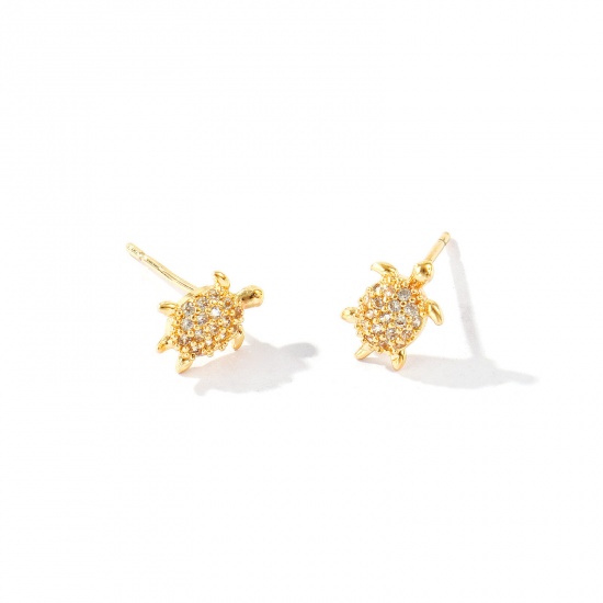 Picture of Wholesale Ocean Jewelry Stylish Ear Post Stud Earrings, Tortoise Animal Clear Cubic Zirconia Micro Pave 18K Real Gold Plated Brass, Women's Eco-friendly Gift Jewelry Supply, 9mm x 7mm, Post/ Wire Size: 0.7mm, 2 PCs