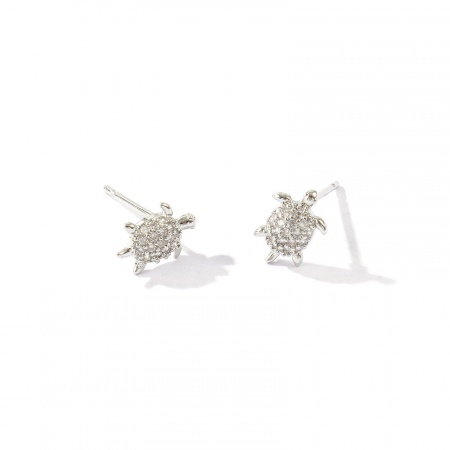 Picture of Wholesale Ocean Jewelry Stylish Ear Post Stud Earrings, Tortoise Animal Clear Cubic Zirconia Micro Pave Real Platinum Plated Brass, Women's Eco-friendly Gift Jewelry Supply, 9mm x 7mm, Post/ Wire Size: 0.7mm, 2 PCs