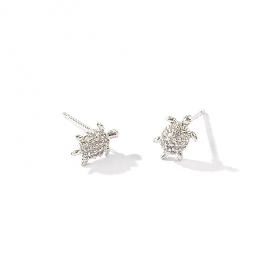 Picture of Wholesale Ocean Jewelry Stylish Ear Post Stud Earrings, Tortoise Animal Clear Cubic Zirconia Micro Pave Real Platinum Plated Brass, Women's Eco-friendly Gift Jewelry Supply, 9mm x 7mm, Post/ Wire Size: 0.7mm, 2 PCs