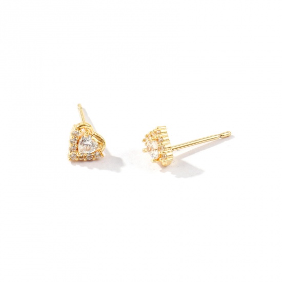 Picture of Wholesale Valentine's Day Stylish Ear Post Stud Earrings, Heart Clear Cubic Zirconia Micro Pave 18K Real Gold Plated Brass, Women's Eco-friendly Gift Jewelry Supply, 7mm x 6mm, Post/ Wire Size: 0.7mm, 2 PCs