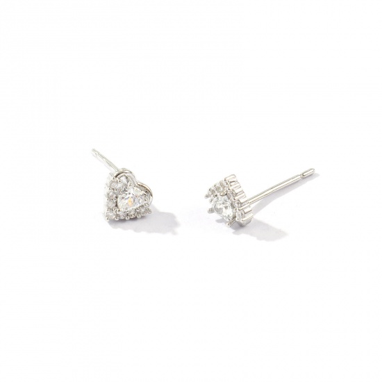 Picture of Wholesale Valentine's Day Stylish Ear Post Stud Earrings, Heart Clear Cubic Zirconia Micro Pave Real Platinum Plated Brass, Women's Eco-friendly Gift Jewelry Supply, 7mm x 6mm, Post/ Wire Size: 0.7mm, 2 PCs