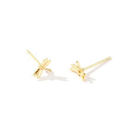 Picture of Wholesale Insect Stylish Ear Post Stud Earrings, Dragonfly Animal 18K Real Gold Plated Brass, Women's Eco-friendly Gift Jewelry Supply, 8mm x 6mm, Post/ Wire Size: 0.7mm, 2 PCs