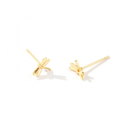 Picture of Wholesale Insect Stylish Ear Post Stud Earrings, Dragonfly Animal 18K Real Gold Plated Brass, Women's Eco-friendly Gift Jewelry Supply, 8mm x 6mm, Post/ Wire Size: 0.7mm, 2 PCs