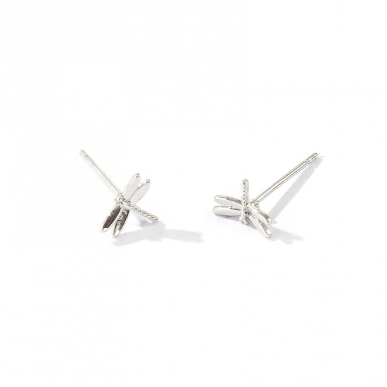 Picture of Wholesale Insect Stylish Ear Post Stud Earrings, Dragonfly Animal Real Platinum Plated Brass, Women's Eco-friendly Gift Jewelry Supply, 8mm x 6mm, Post/ Wire Size: 0.7mm, 2 PCs