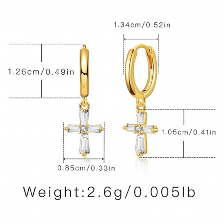 Picture of Wholesale Religious Stylish Hoop Earrings, Cross Clear Cubic Zirconia 18K Gold Plated Brass, Women's Gift Jewelry Supply, 1 Pair
