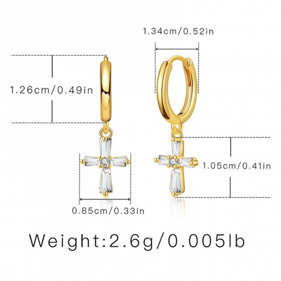 Picture of Wholesale Religious Stylish Hoop Earrings, Cross Clear Cubic Zirconia 18K Gold Plated Brass, Women's Gift Jewelry Supply, 1 Pair