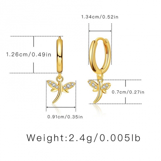 Picture of Wholesale Insect Stylish Hoop Earrings, Dragonfly Animal Clear Cubic Zirconia 18K Gold Plated Brass, Women's Gift Jewelry Supply, 1 Pair
