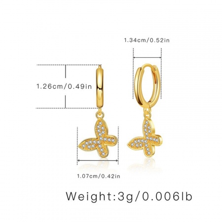 Picture of Wholesale Insect Stylish Hoop Earrings, Butterfly Animal Clear Cubic Zirconia 18K Gold Plated Brass, Women's Gift Jewelry Supply, 1 Pair