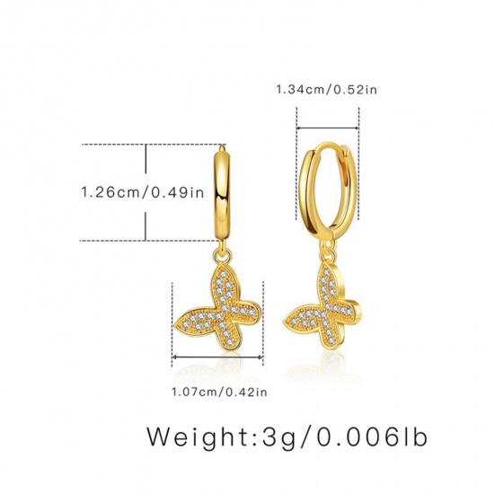 Picture of Wholesale Insect Stylish Hoop Earrings, Butterfly Animal Clear Cubic Zirconia 18K Gold Plated Brass, Women's Gift Jewelry Supply, 1 Pair