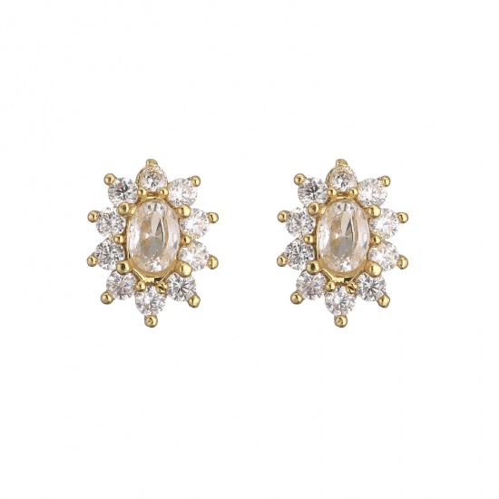 Picture of Wholesale Flower Micro Pave Clear Rhinestone Clear Cubic Zirconia Ear Post Stud Earrings, 18K Gold Plated Brass Women's Exquisite Stylish Gift Jewelry For Retailer, 11.6mm x 7.6mm, 1 Pair