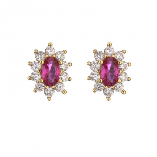 Picture of Wholesale Flower Micro Pave Red Rhinestone Clear Cubic Zirconia Ear Post Stud Earrings, 18K Gold Plated Brass Women's Exquisite Stylish Gift Jewelry For Retailer, 11.6mm x 7.6mm, 1 Pair