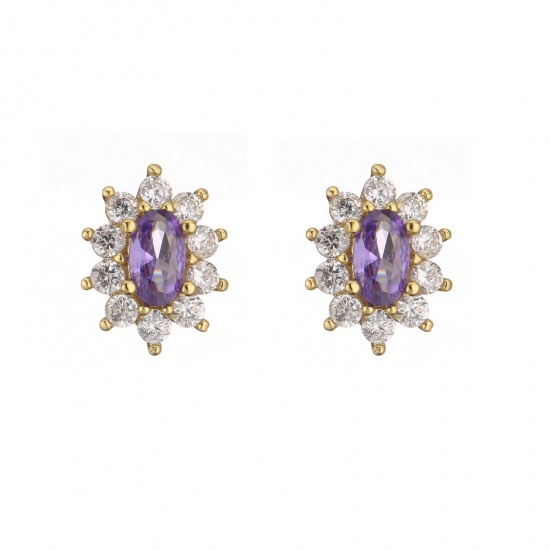 Picture of Wholesale Flower Micro Pave Purple Rhinestone Clear Cubic Zirconia Ear Post Stud Earrings, 18K Gold Plated Brass Women's Exquisite Stylish Gift Jewelry For Retailer, 11.6mm x 7.6mm, 1 Pair