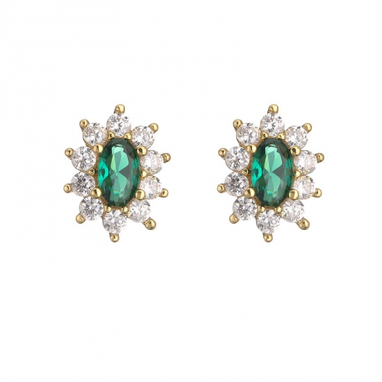 Picture of Wholesale Flower Micro Pave Green Rhinestone Clear Cubic Zirconia Ear Post Stud Earrings, 18K Gold Plated Brass Women's Exquisite Stylish Gift Jewelry For Retailer, 11.6mm x 7.6mm, 1 Pair