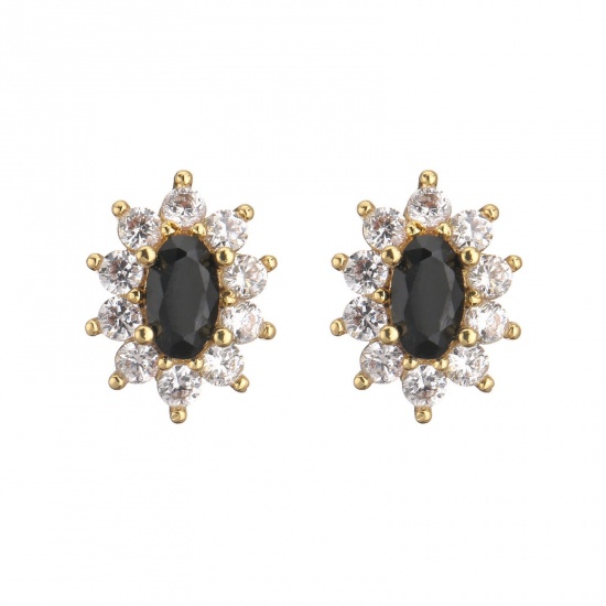 Picture of Wholesale Flower Micro Pave Black Rhinestone Clear Cubic Zirconia Ear Post Stud Earrings, 18K Gold Plated Brass Women's Exquisite Stylish Gift Jewelry For Retailer, 11.6mm x 7.6mm, 1 Pair