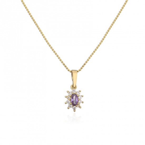 Picture of Wholesale Flower Micro Pave Purple Rhinestone Clear Cubic Zirconia Pendant Charm Necklace, 18K Gold Plated Brass Women's Exquisite Stylish Gift Jewelry For Retailer, 45cm(17.7") long, 1 Piece