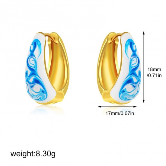 Picture of Wholesale Exquisite Dainty Huggie Hoop Earrings, Blue Enamel 18K Gold Plated Ceramic & Brass, Women's Gift Jewelry Supply, 18mm x 17mm, 1 Pair