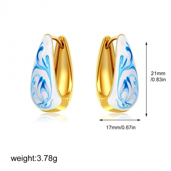 Picture of Wholesale Exquisite Dainty Hoop Earrings, Blue Enamel 18K Gold Plated Ceramic & Brass, Women's Gift Jewelry Supply, 21mm x 17mm, 1 Pair