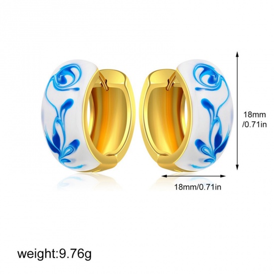 Picture of Wholesale Exquisite Dainty Huggie Hoop Earrings, Blue Enamel 18K Gold Plated Ceramic & Brass, Women's Gift Jewelry Supply, 18mm Dia., 1 Pair
