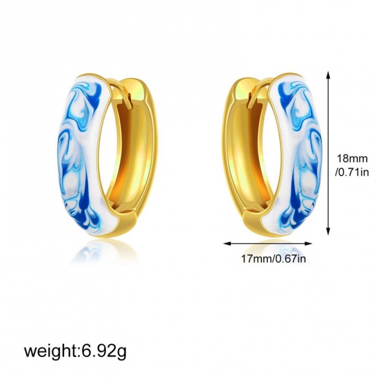 Picture of Wholesale Exquisite Dainty Huggie Hoop Earrings, Blue Enamel 18K Gold Plated Ceramic & Brass, Women's Gift Jewelry Supply, 18mm x 17mm, 1 Pair