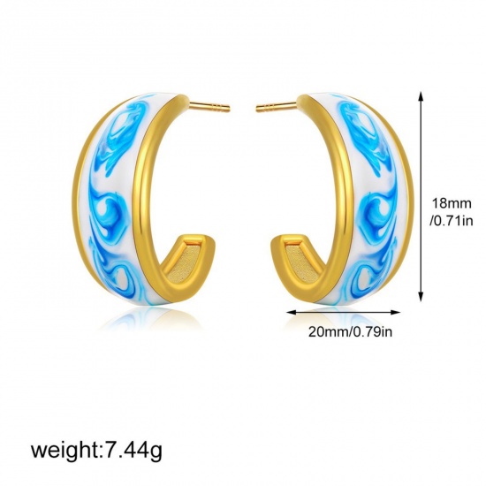Picture of Wholesale Exquisite Dainty Ear Post Stud Earrings, Blue Enamel 18K Gold Plated Ceramic & Brass, Women's Gift Jewelry Supply, 20mm x 18mm, 1 Pair