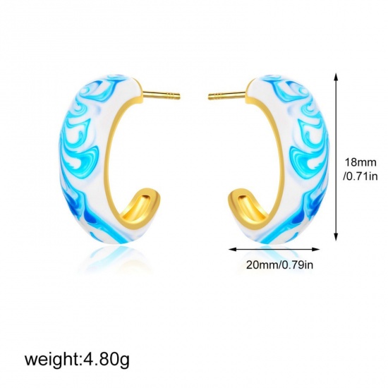 Picture of Wholesale Exquisite Dainty Ear Post Stud Earrings, Blue Enamel 18K Gold Plated Ceramic & Brass, Women's Gift Jewelry Supply, 20mm x 18mm, 1 Pair