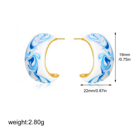 Picture of Wholesale Exquisite Dainty Ear Post Stud Earrings, Blue Enamel 18K Gold Plated Ceramic & Brass, Women's Gift Jewelry Supply, 22mm x 19mm, 1 Pair
