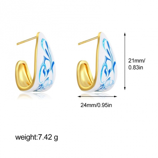 Picture of Wholesale Exquisite Dainty Ear Post Stud Earrings, Blue Enamel 18K Gold Plated Ceramic & Brass, Women's Gift Jewelry Supply, 24mm x 21mm, 1 Pair
