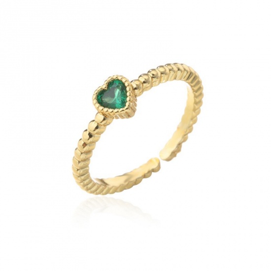 Bild von Großhandel Frauen Geschenk Herz Grün Kubisches Zirkonia Offen Verstellbar Ring, 18K Vergoldet Messing, Valentinstag Stilvoll Schmuckbedarf, 1 Stück