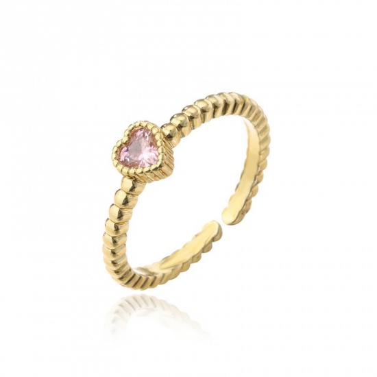 Bild von Großhandel Frauen Geschenk Herz Rosa Kubisches Zirkonia Offen Verstellbar Ring, 18K Vergoldet Messing, Valentinstag Stilvoll Schmuckbedarf, 1 Stück