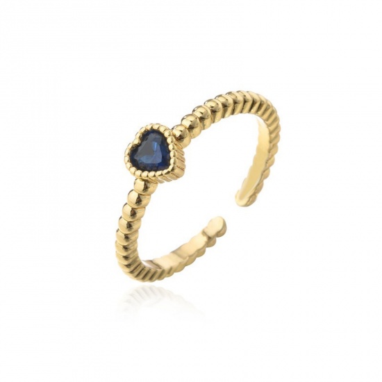 Bild von Großhandel Frauen Geschenk Herz Dunkelblau Kubisches Zirkonia Offen Verstellbar Ring, 18K Vergoldet Messing, Valentinstag Stilvoll Schmuckbedarf, 1 Stück