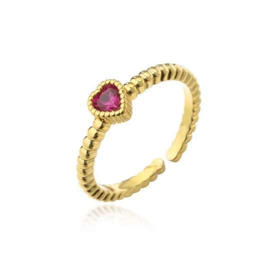 Bild von Großhandel Frauen Geschenk Herz Rot Kubisches Zirkonia Offen Verstellbar Ring, 18K Vergoldet Messing, Valentinstag Stilvoll Schmuckbedarf, 1 Stück